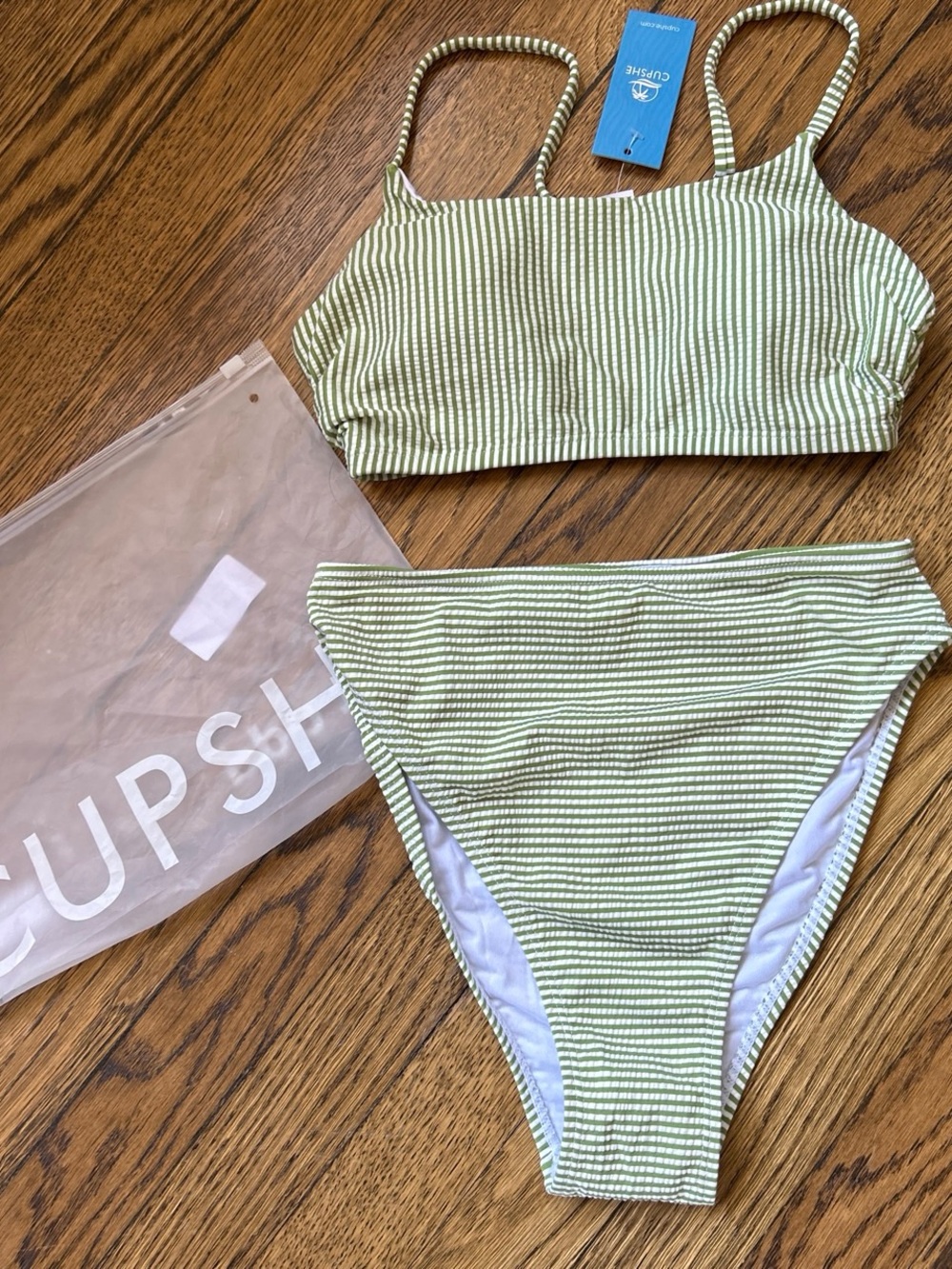 Cupshe Sage Green and White Striped High-Waist Bikini Set